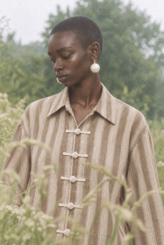 Utility campaign , cord-fastening striped shirt